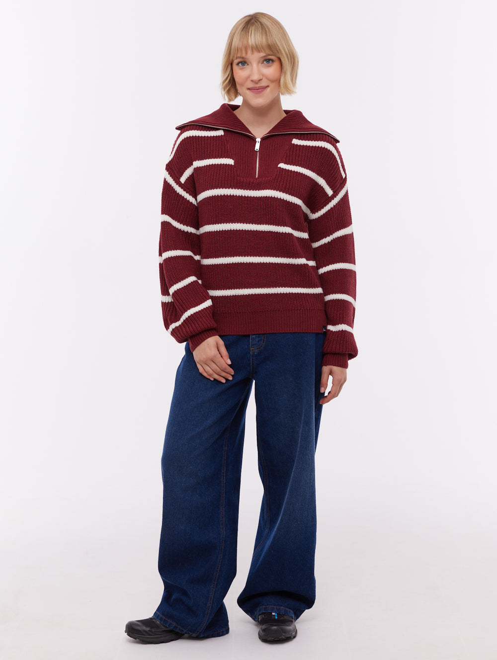 Margita Striped Zippered Funnel Sweater - Red